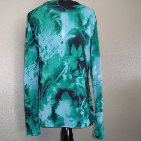 New Adrianna Papell V- Neck Long Sleeve Stretch Green Blue Top sz L - Picture 2 of 6